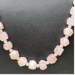 Vintage Geometric Natural Rose Quartz Beaded Necklace Faceted Stones 32" Chunky